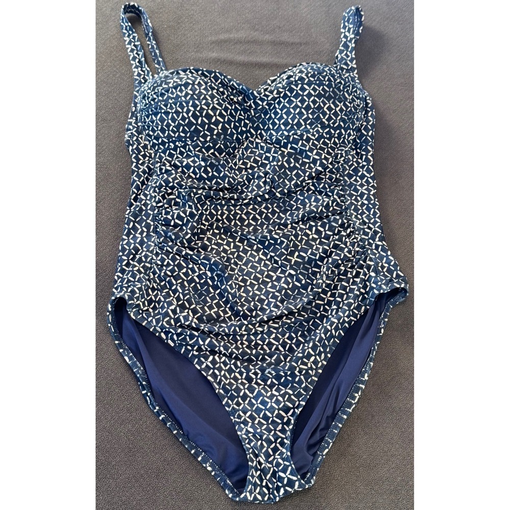 Niptuck Swim Navy White Geometric Ruched One Piece Swimsuit Tummy Control 10